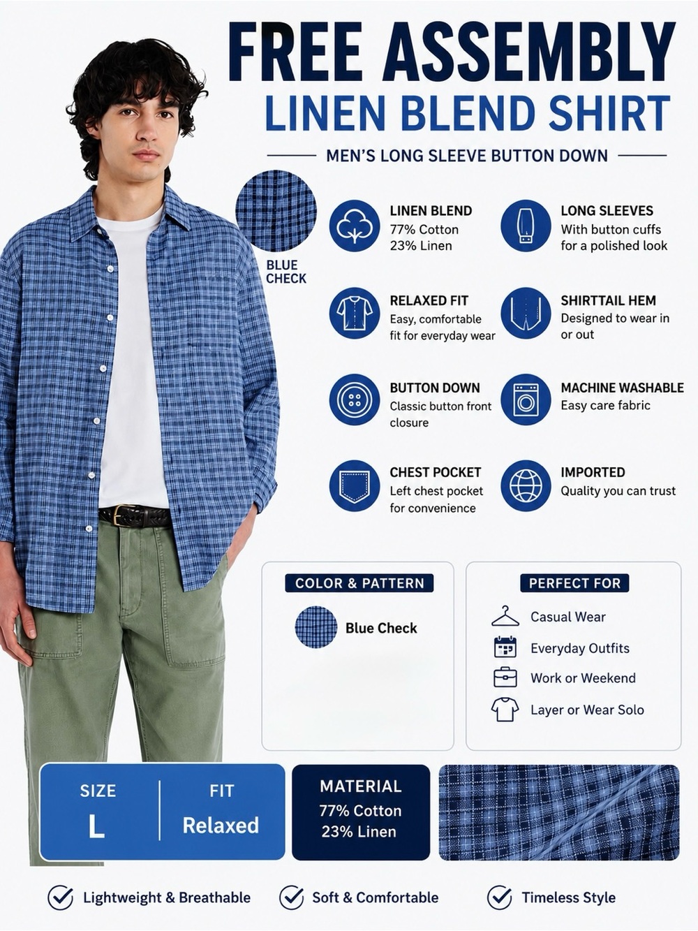 Free Assembly Men’s Linen Blend Plaid Button Down Shirt L Blue Relaxed Fit - Picture 2 of 16